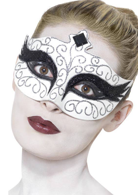 White And Black Glitter Swirls Women's Masquerade Costume Mask Main Image