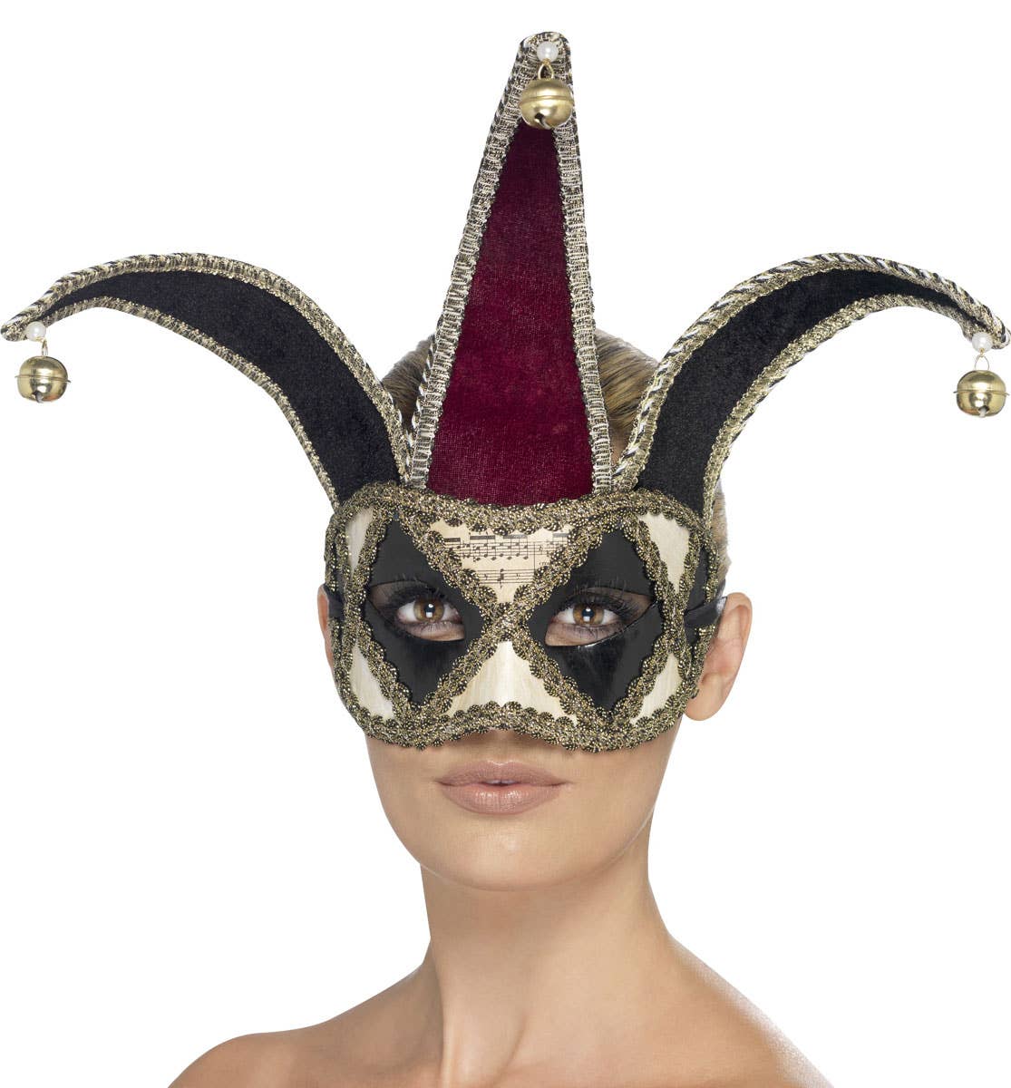 Red and Black Harlequin Jester Masquerade Mask Women's Image