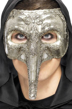 Long Nose Silver Men's Venetian Masquerade Mask Front 