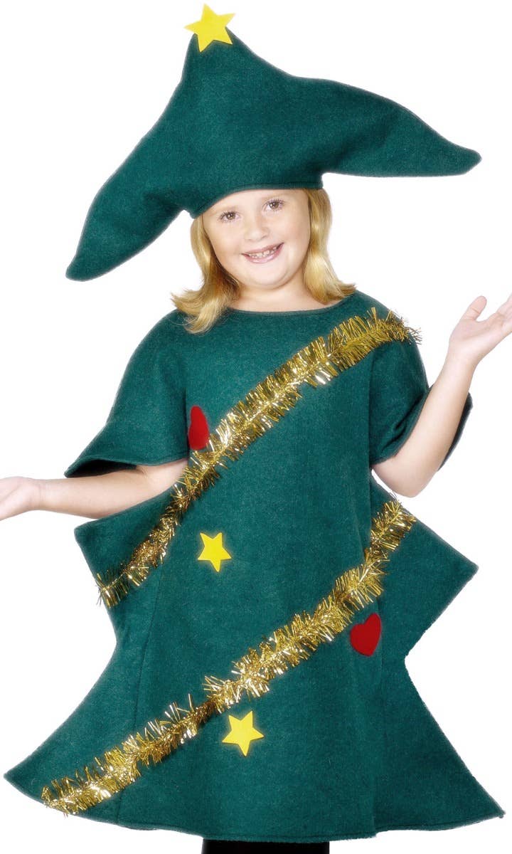 Kids Green Christmas Tree Fancy Dress Costume Close Up Image