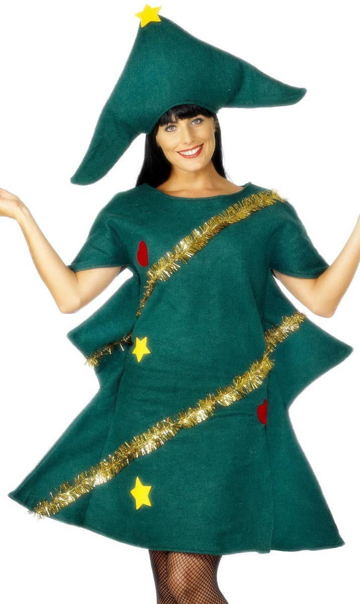 Novelty Felt Green Women's Christmas Tree With Tinsel And Decorations Costume Close Up Image