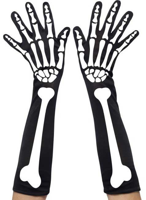 Women's Long Black Skeleton Print Costume Accessory Gloves A