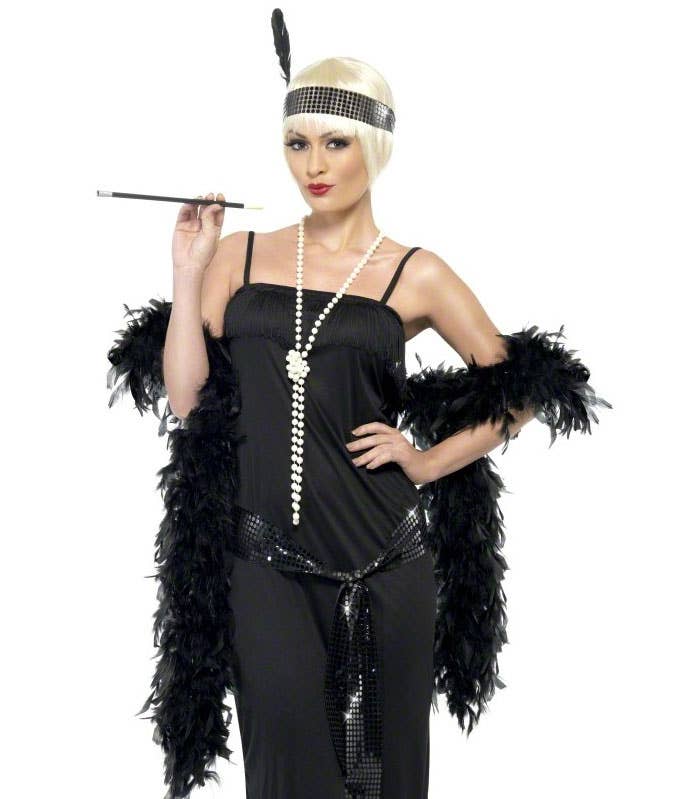 Womens Black Budget Gatsby Costume with Matching Headband - Close Image