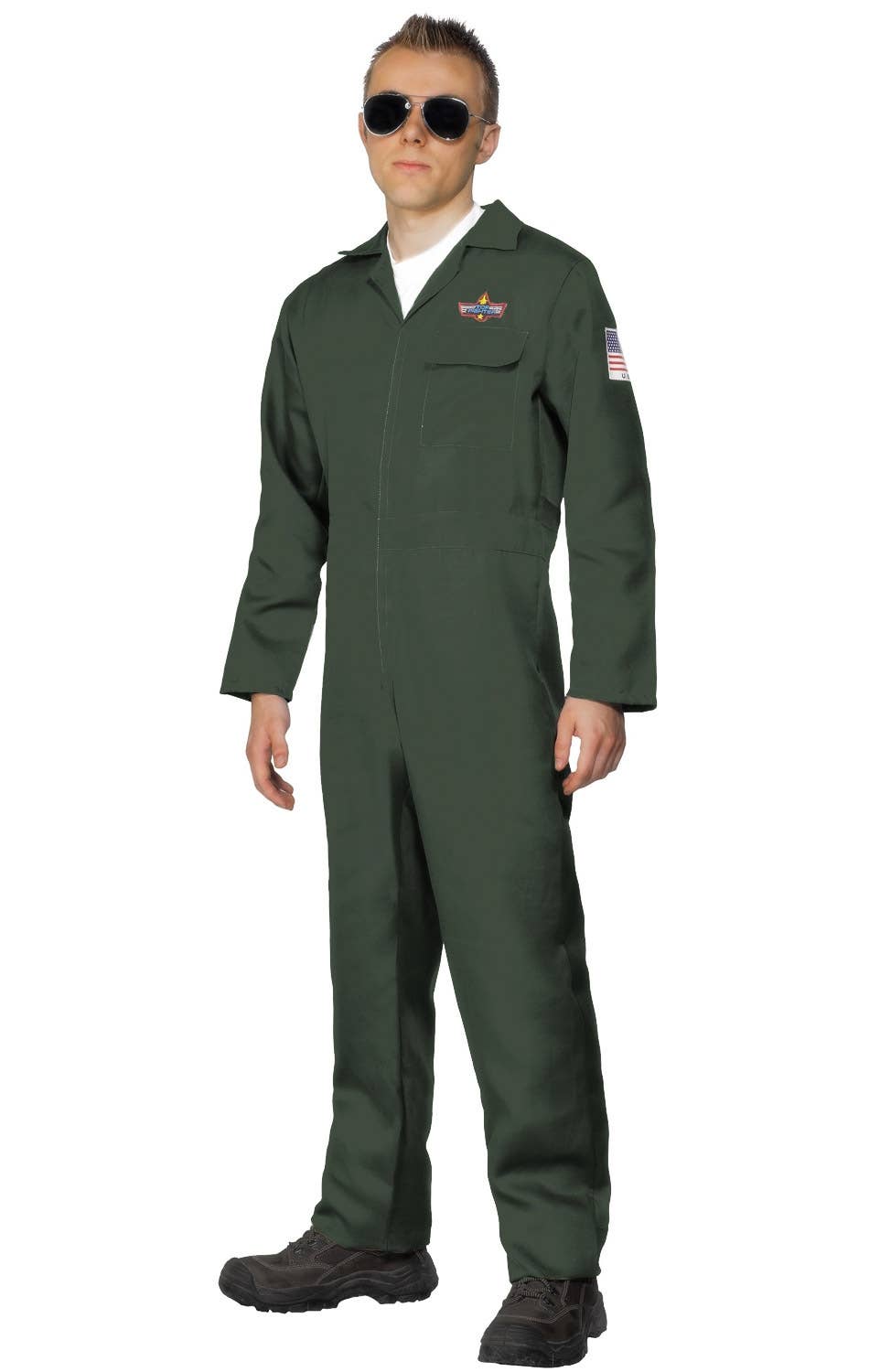 Men's Dark Green Top Gun Flight Suit Fancy Dress Costume Image 2