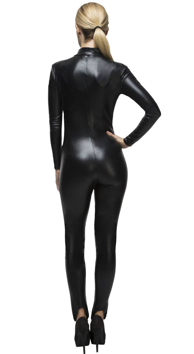 Women's Sexy Black Wet Look Catwoman Costume Back Image