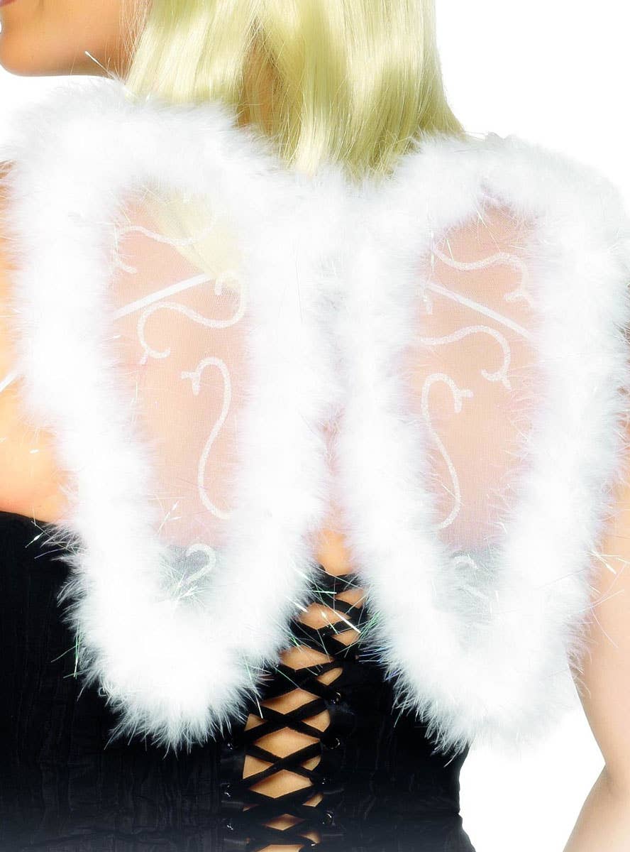 Small Fluffy White Glitter Angel Wings - Close Up Image