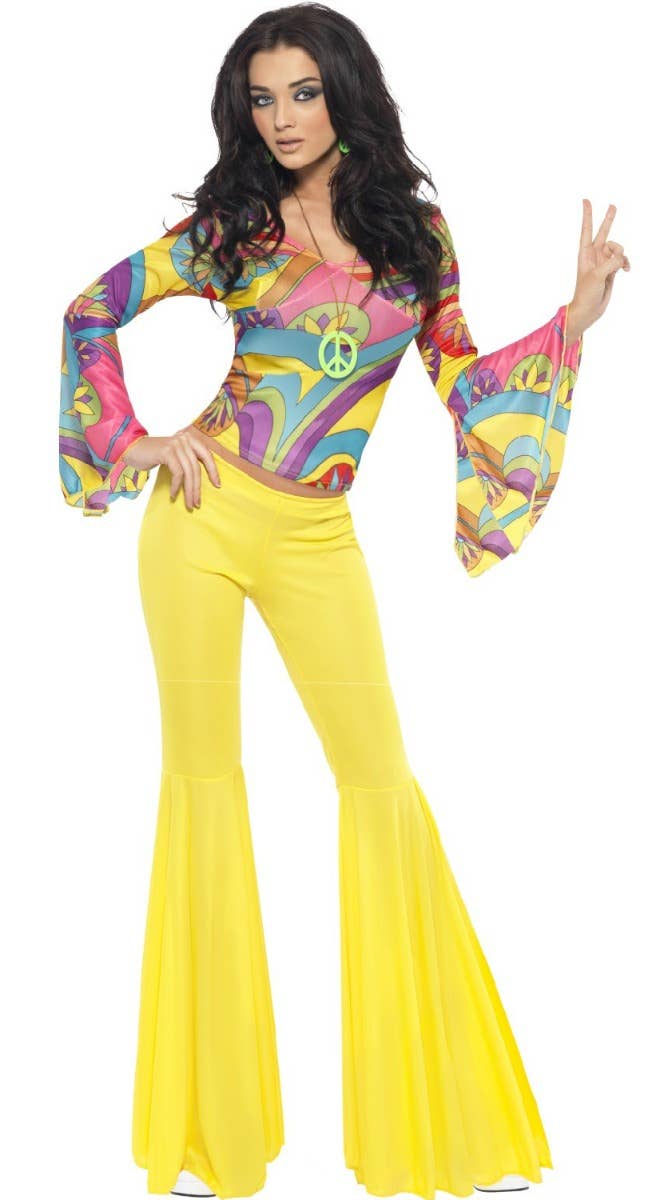 Women's Coloured Retro 60's 70's Disco Hippie Groovy Babe Fancy Dress Costume - Main Image