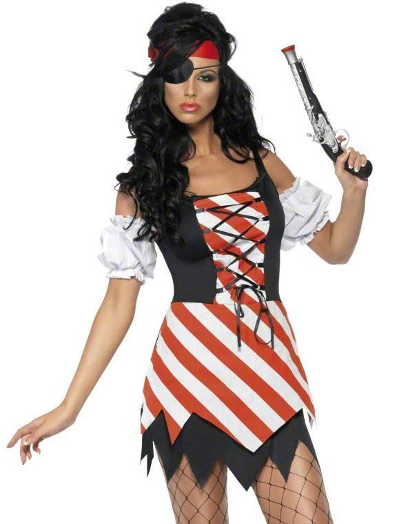 Jagged Black, Red and White Sexy Pirate Fever Costume for Women - Close Up Image