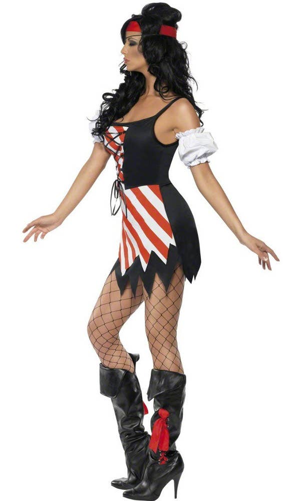 Jagged Black, Red and White Sexy Pirate Fever Costume for Women - Side Image