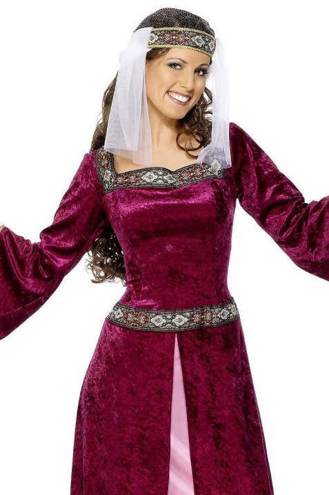 Burgundy Velvet and Pink Long Medieval Dress for Women Close Up Image