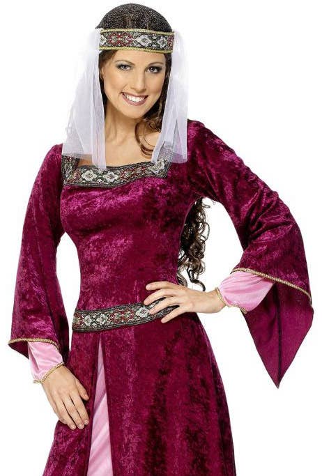 Women's Plus Size Maroon Velvet Medieval Costume Dress Close Up Image