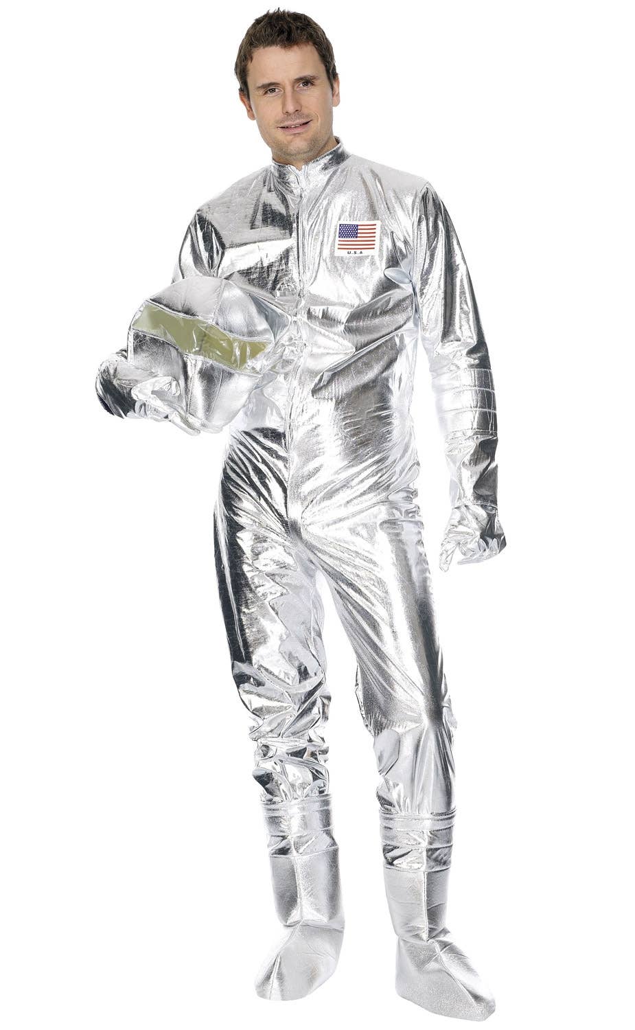 Men's Metallic Silver Spaceman Astronaut Fancy Dress Costume View 2