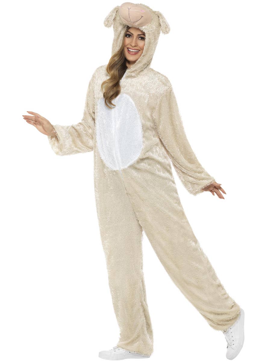 Image of Fluffy Cream Lamb Women's Onesie Costume - Side Image