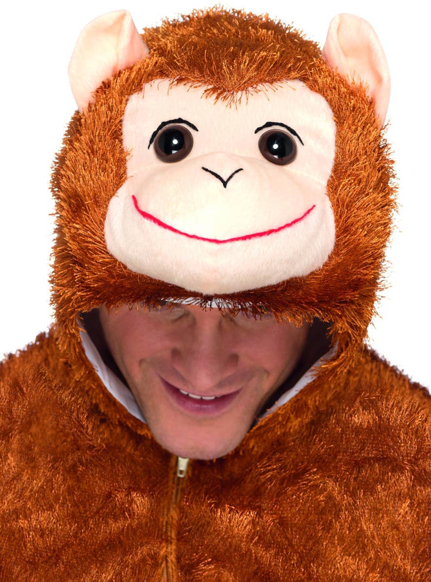 Cheeky Brown Monkey Onesie Costume for Adults Close Up View