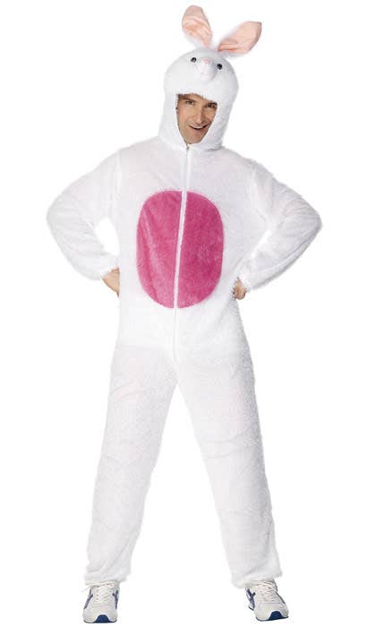 Adult's Fluffy White Bunny Rabbit Onesie Costume Front View