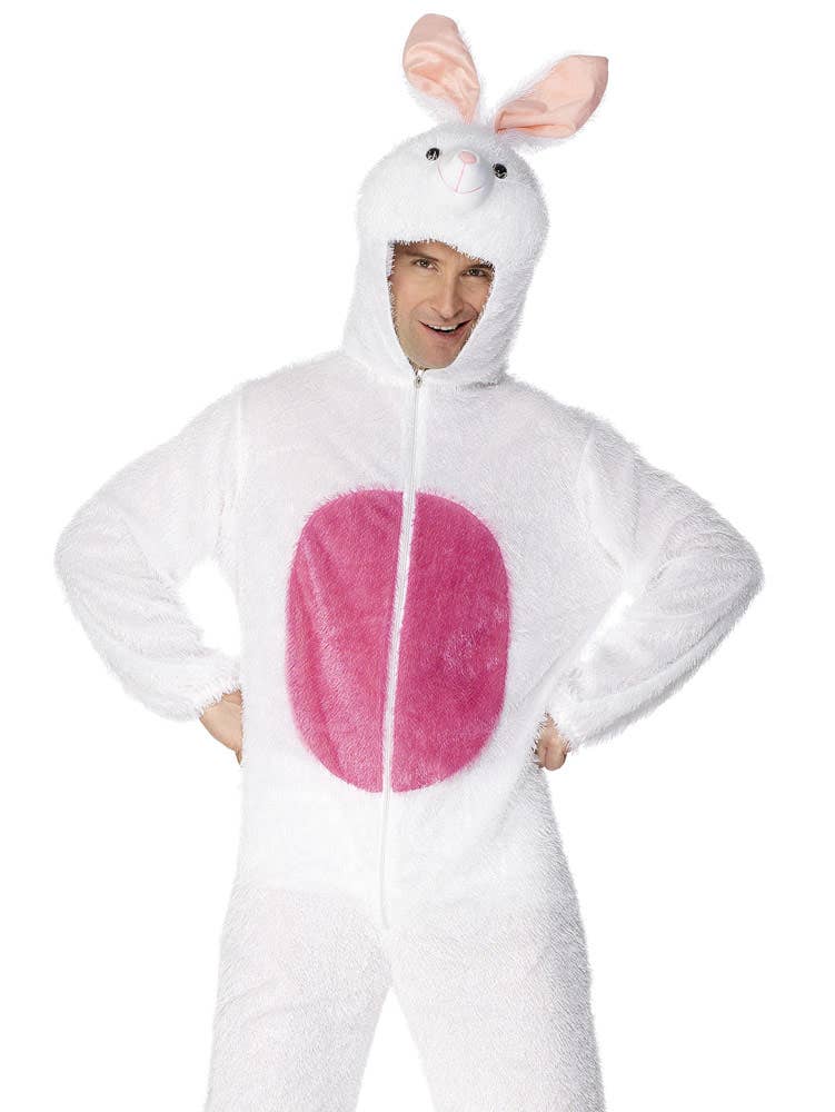 Adult's Fluffy White Bunny Rabbit Onesie Costume Close View