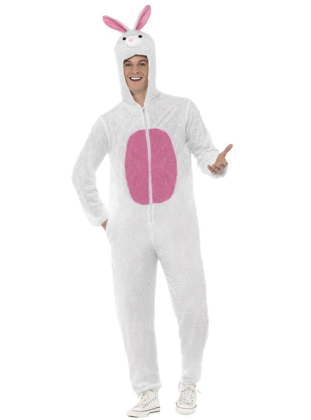 Adult's Fluffy White Bunny Rabbit Onesie Costume- Main Image