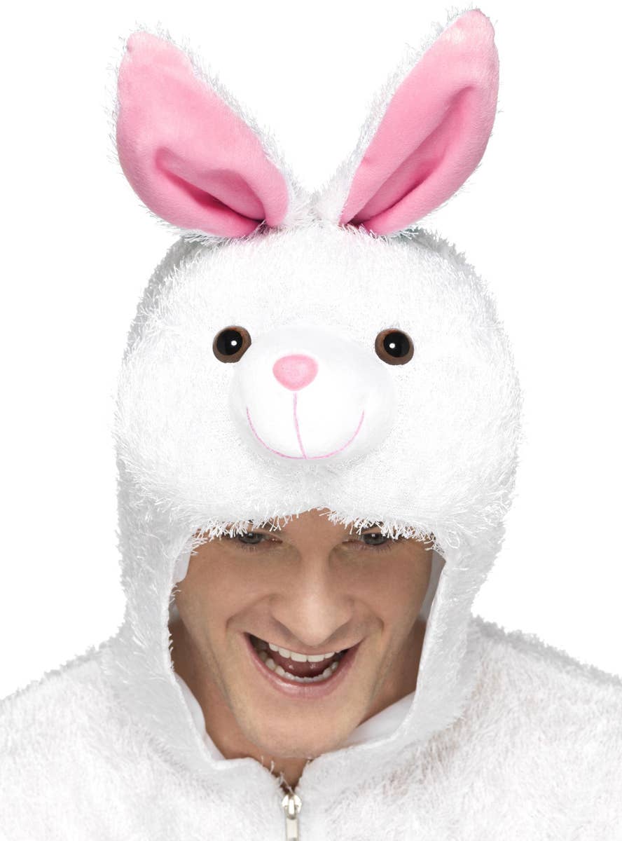 Adult's Fluffy White Bunny Rabbit Onesie Costume - Close Up Image