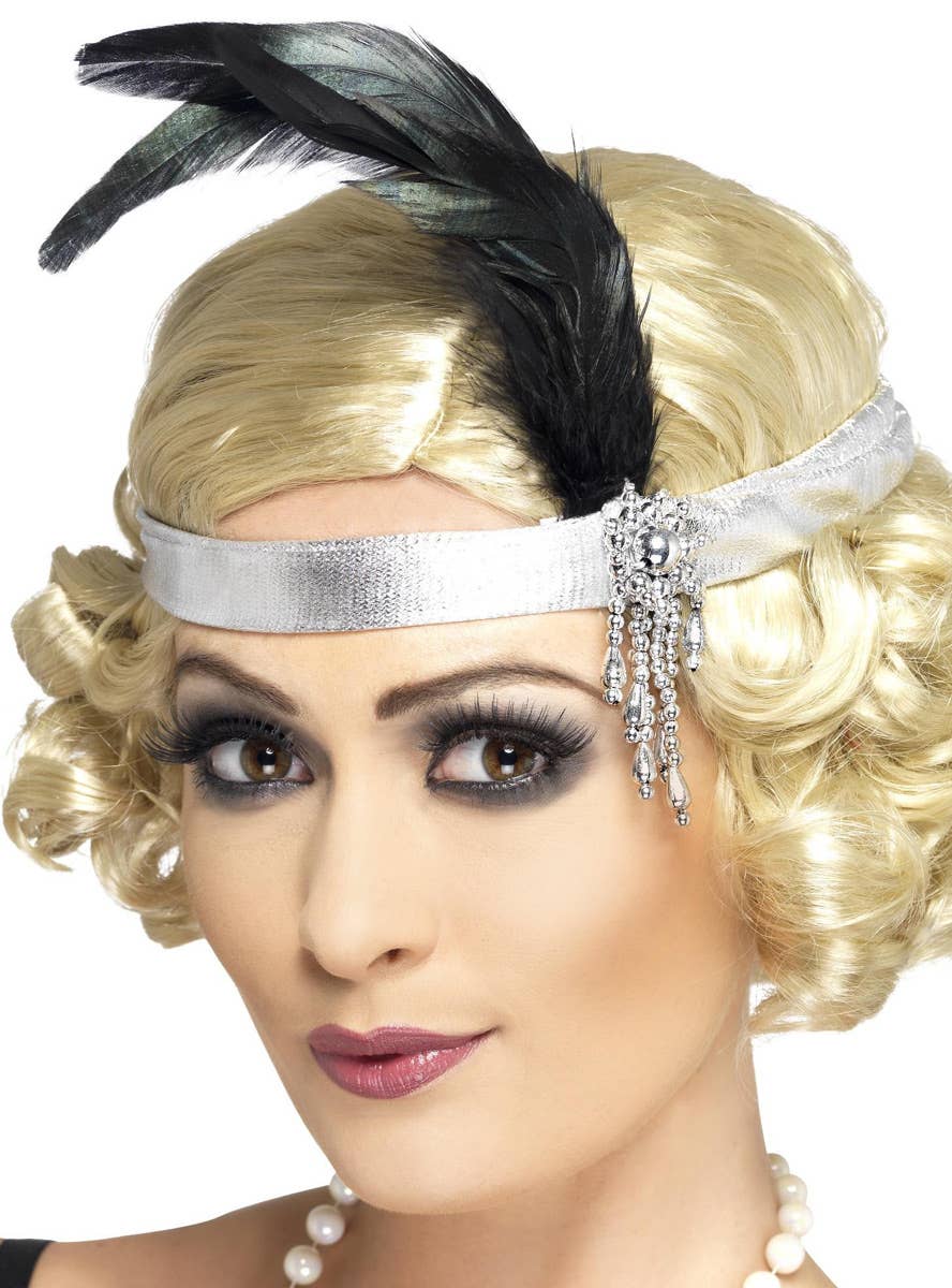 Silver and Black Feather Charleston Flapper Headband Costume Accessory