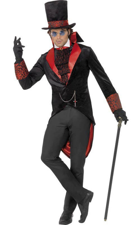 Men's Vintage Halloween Red And Black Velvet Fancy Dress Costume Smiffy's Front Image 1