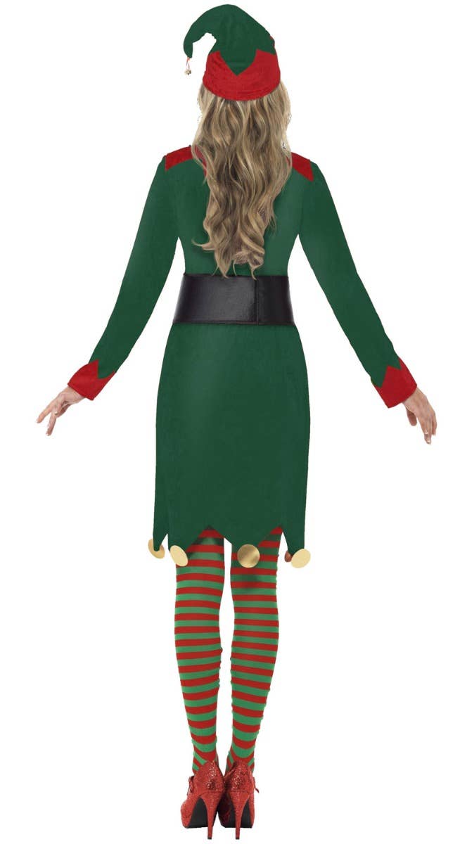 Women's Santas Helper Festive Christmas Red And Green Elf Costume Back View Image