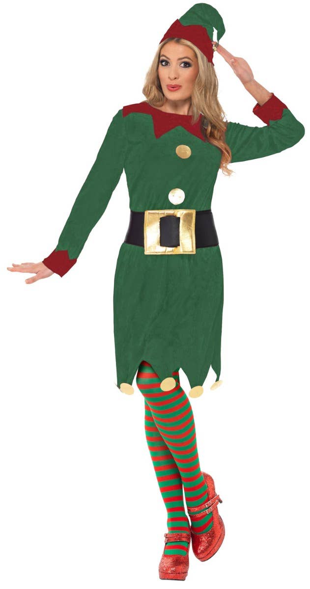 Women's Santas Helper Festive Christmas Red And Green Elf Costume Alt Image