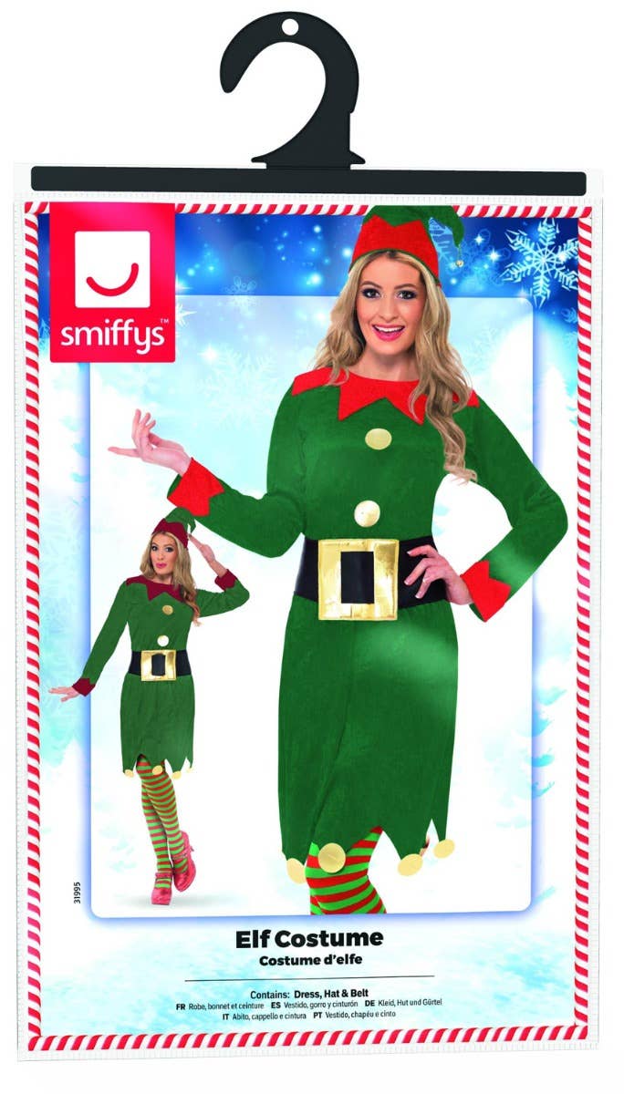 Women's Santas Helper Festive Christmas Red And Green Elf Costume Packaging Image