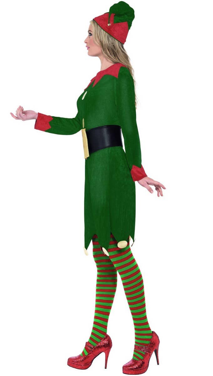 Women's Santas Helper Festive Christmas Red And Green Elf Costume Side View Image