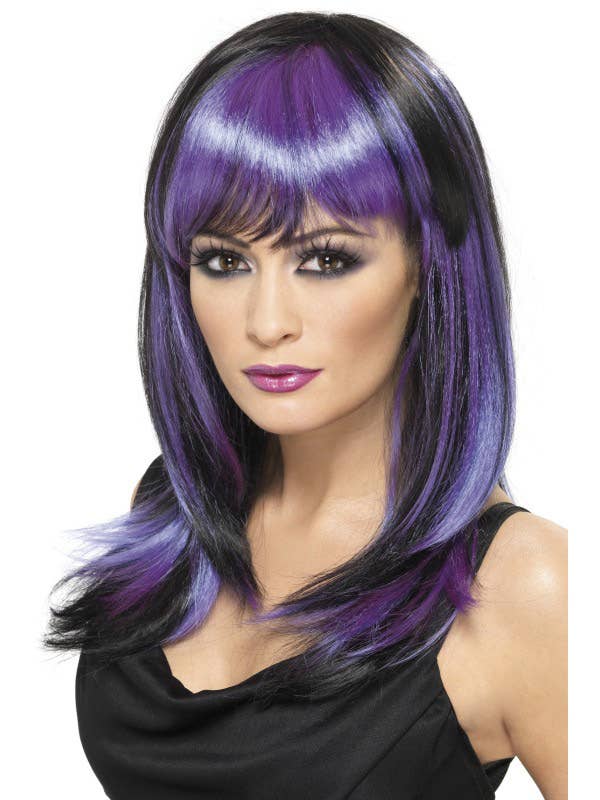 Women's Mid Length Black and Purple Sleek Straight Costume Wig with Fringe