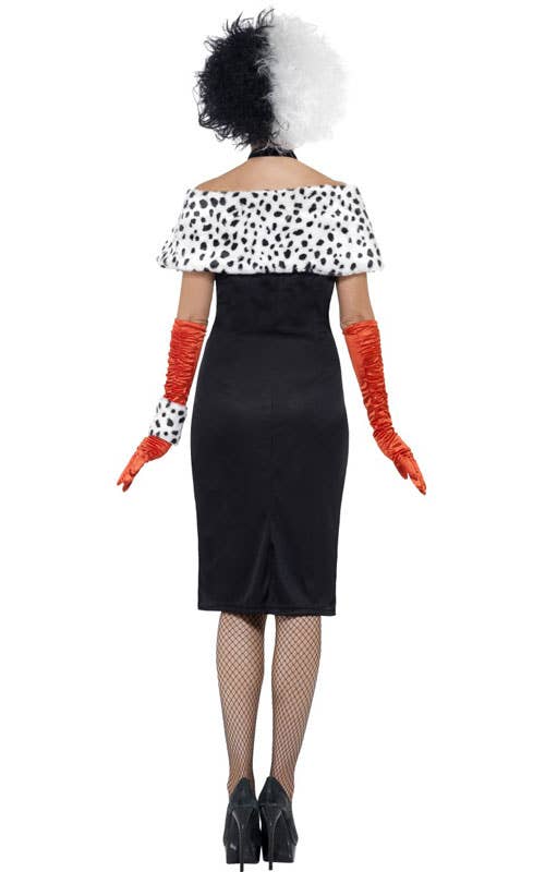 Sleeveless Dalmatian Print Cruella Halloween Costume for Women - Back Image 
