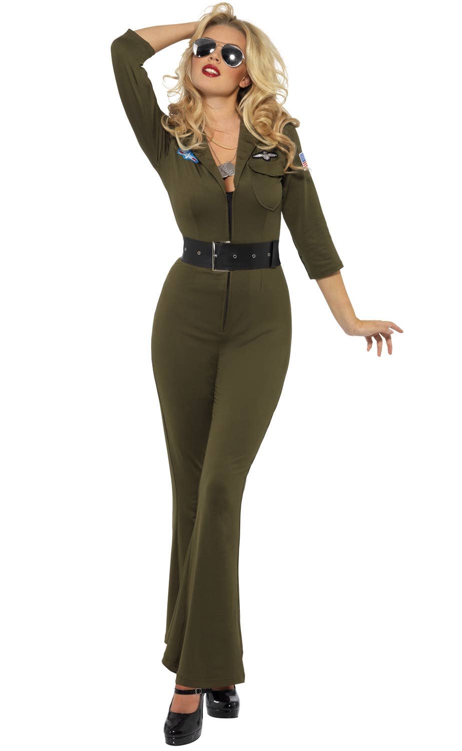 Women's Top Gun Aviator Flightsuit Costume Alt Front View