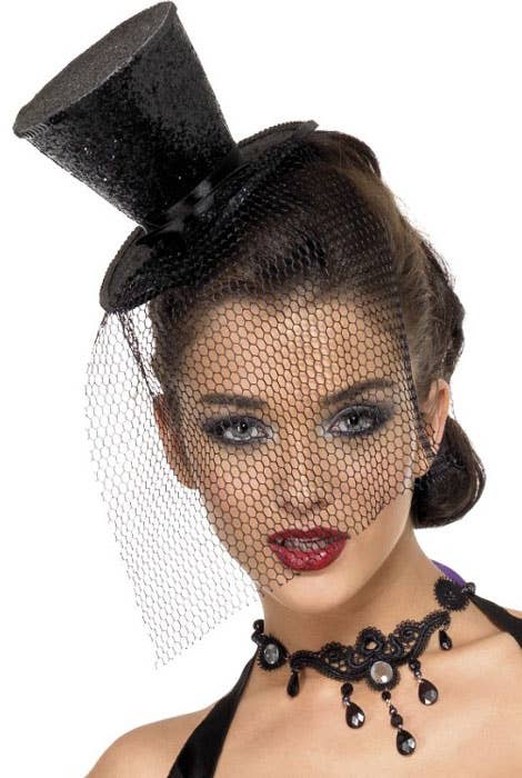 Women's Black Glitter Burlesque Mini Top Hat Costume Accessory Alternative Image