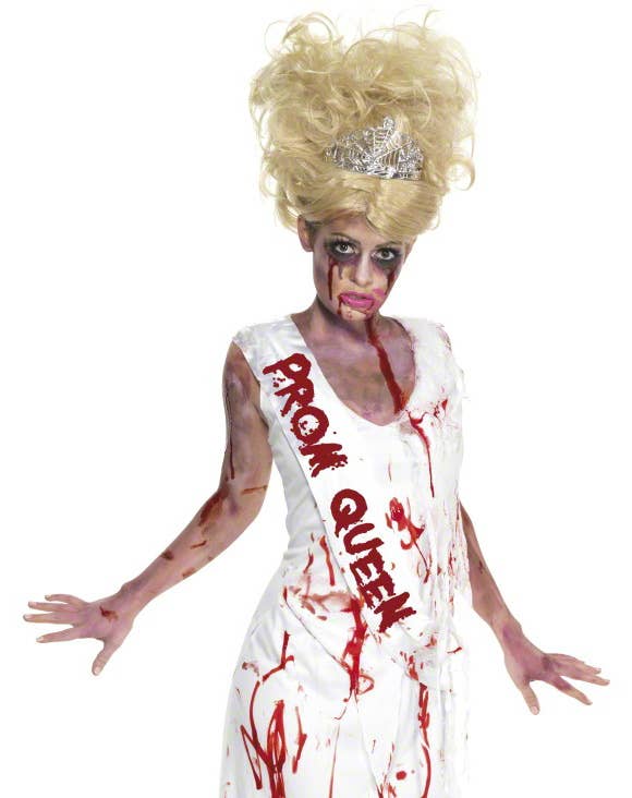 Women's Bloody High School Prom Queen Zombie Halloween Costume Close Front View