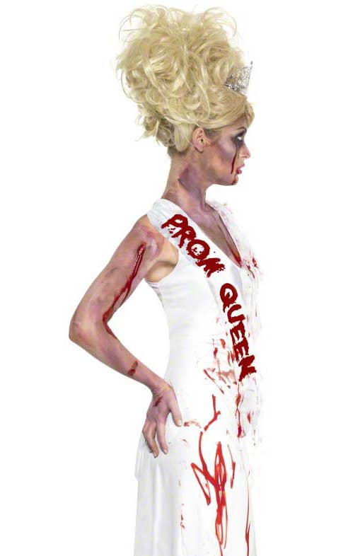 Women's Bloody High School Prom Queen Zombie Halloween Costume Close Side View