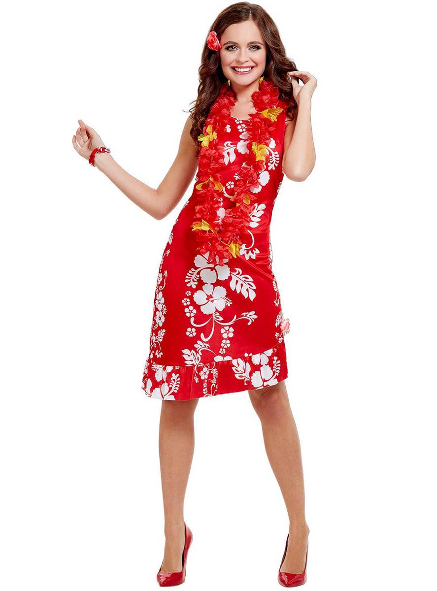 Womens Red and White Hawaiian Beauty Babe Costume - Front  Image