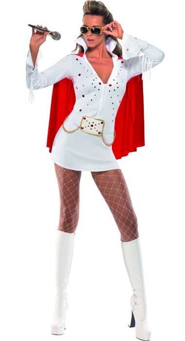 Women's White Elvis Costume with Red Cape Front View