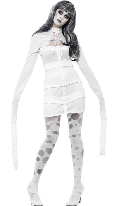 Short White Sexy Straitjacket Costume Dress for Women - Alternative View