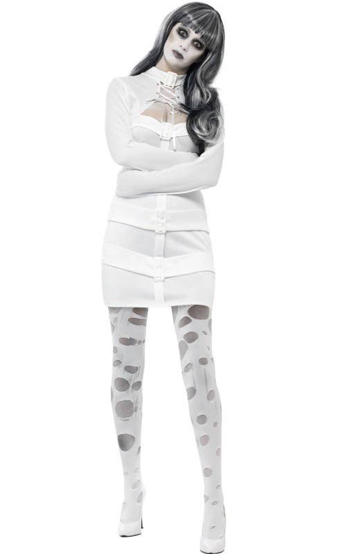 Short White Sexy Straitjacket Costume Dress for Women - Front View