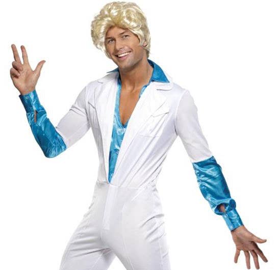 White and Blue 1970s Disco Dancing ABBA Costume Suit for Men - Close Up Image