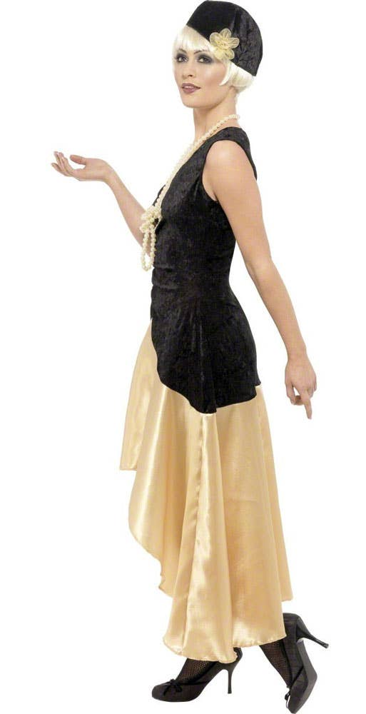 1920s Fashion for Women Black and Gold Flapper Costume with Necklace and Heaband - Side View