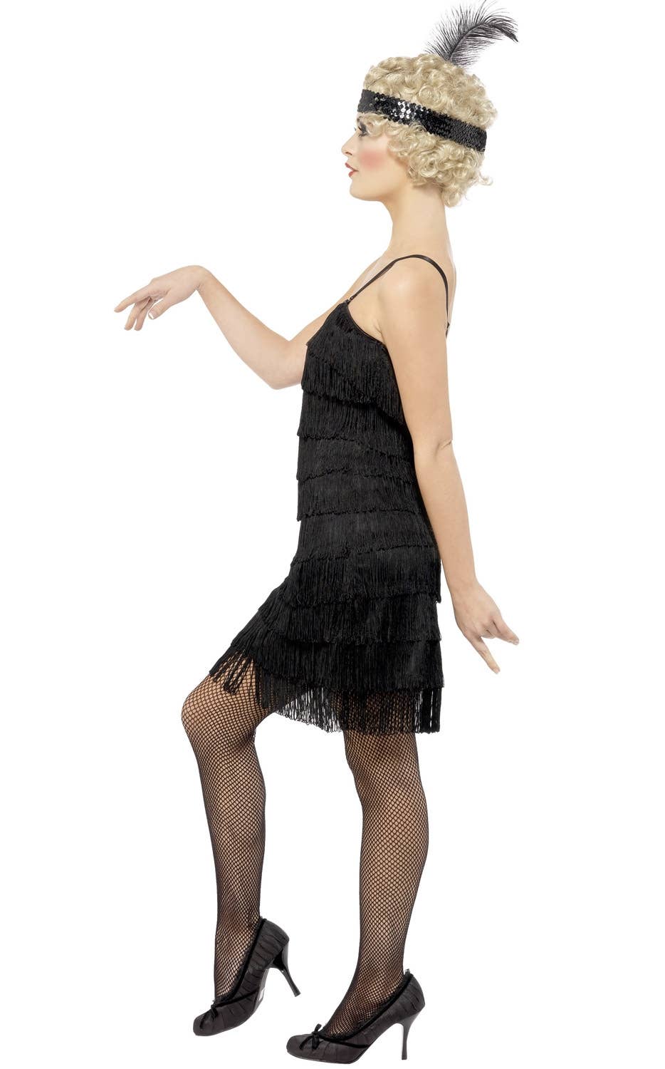 Women's Fringed Black 1920s Flapper Costume Dress - Side View