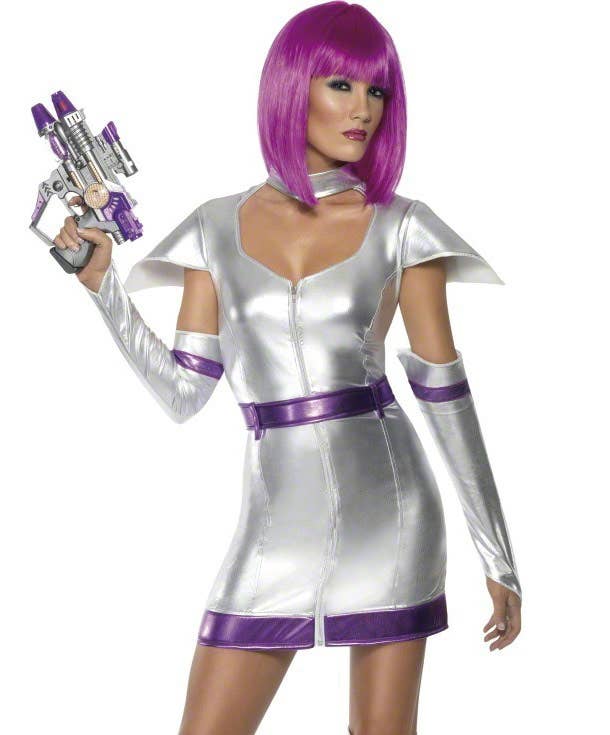 Womens Silver and Purple Sexy Space Cadet Costume - Close Image