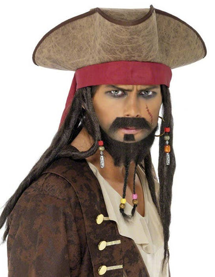 Plush Brown Pirate Costume Hat with Long Black Dreadlocks