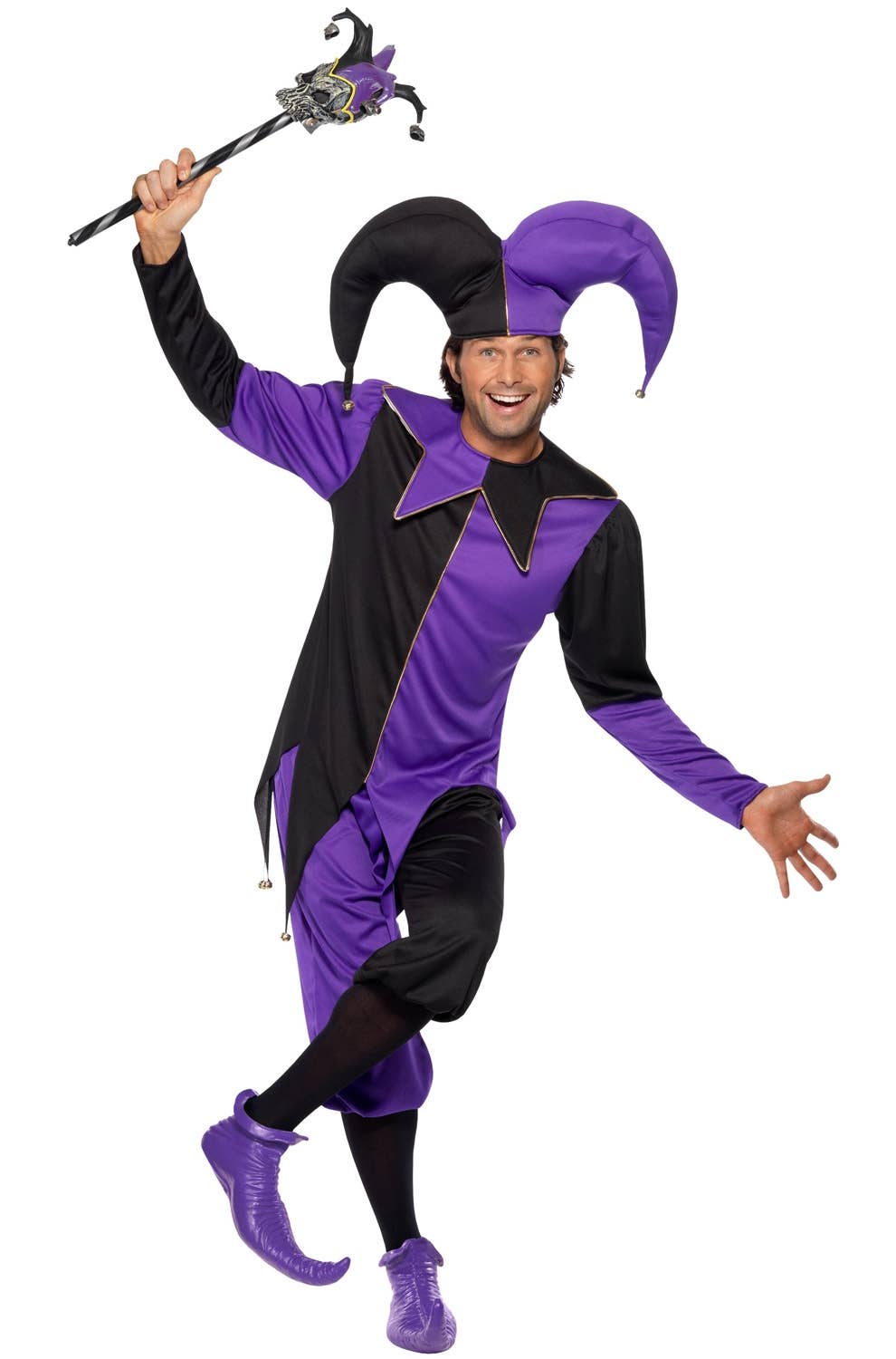 Medieval Jester Men's Fancy Dress Purple and Black Costume Image 4
