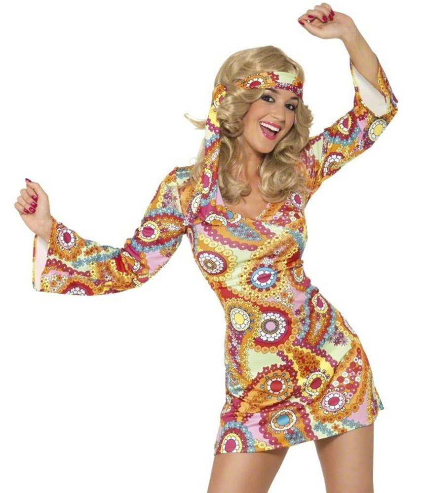 Women's Retro Short 60s Dress Hippie 60's Costume Dress - Close View