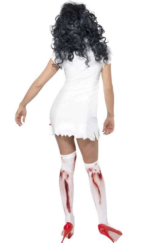 Jagged White Blood Splattered Women's Zombie Nurse Halloween Costume - Back Image
