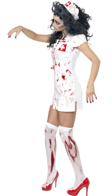 Jagged White Blood Splattered Women's Zombie Nurse Halloween Costume - Side Image
