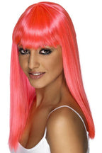 Straight Neon Pink Women's Costume Wig with Fringe