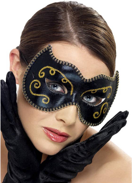 Unisex Black Vinyl Masquerade Mask with Gold Glitter - Alternate Image