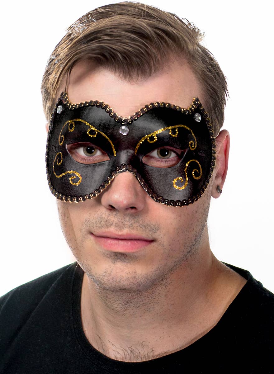 Unisex Black Vinyl Masquerade Mask with Gold Glitter - Main Image